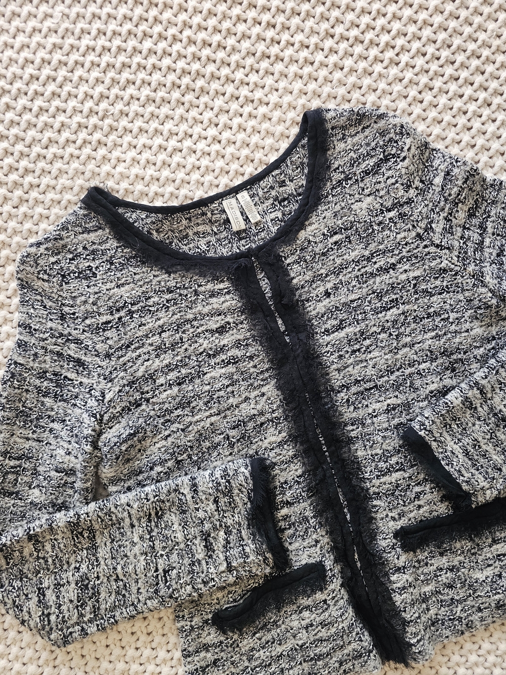 Women’s Black & Gray Bouclé Open-Front Sweater Jacket